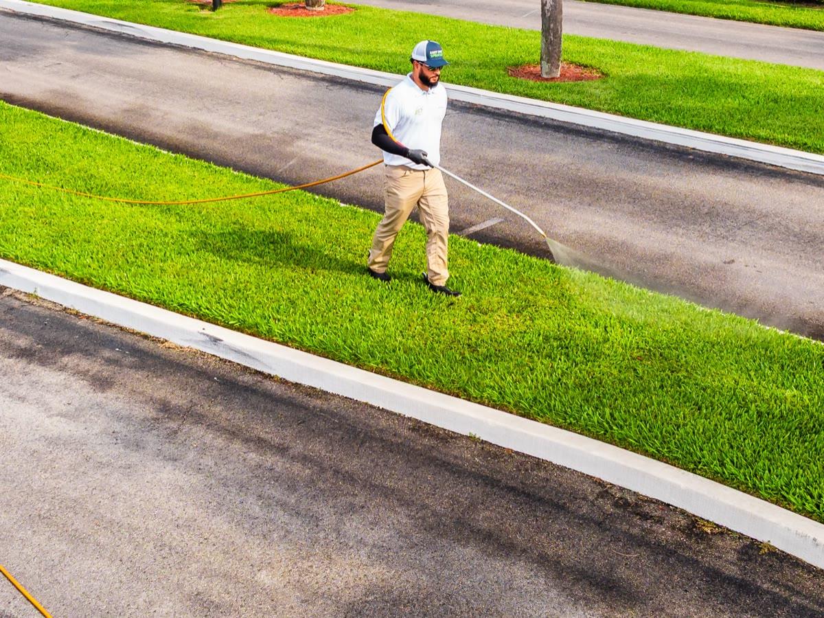 Technician treating a vivid green residential lawn strip