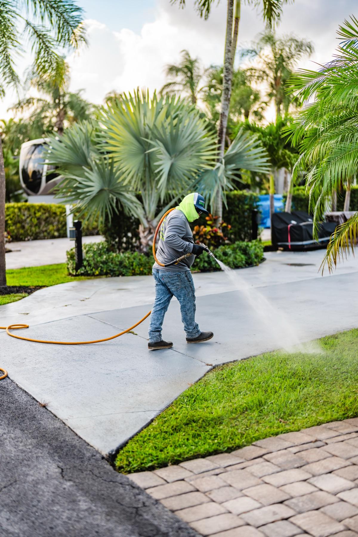 Backpack sprayer applying weed control to a driveway edge